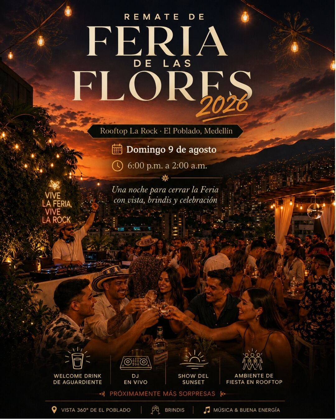 Remate de Feria de las Flores 2026 en Rooftop La Rock, El Poblado Medellín.