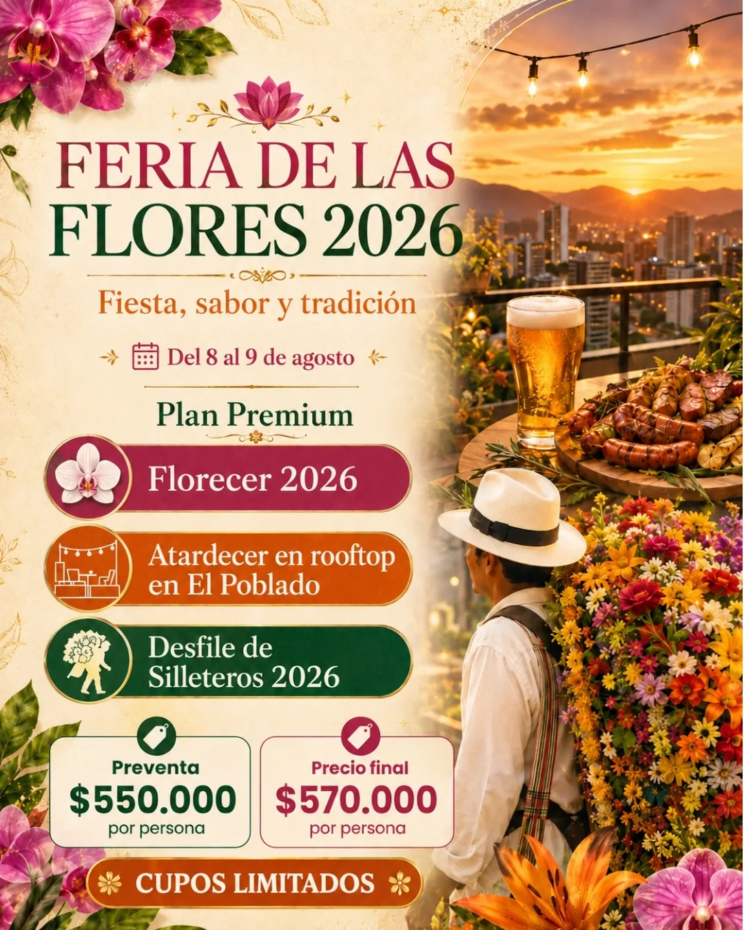 Plan Premium Feria de las Flores 2026 con Florecer, rooftop en El Poblado y Desfile de Silleteros.