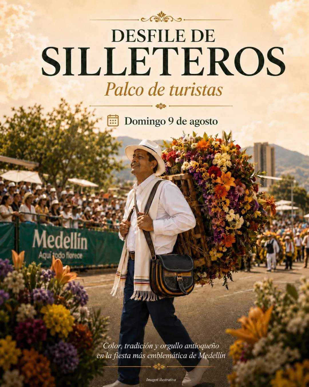 Desfile de Silleteros 2026 con palco de turistas y logística organizada en Medellín.
